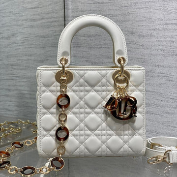 CD Lady Bag 20CM White Lambskin Brown Charm
