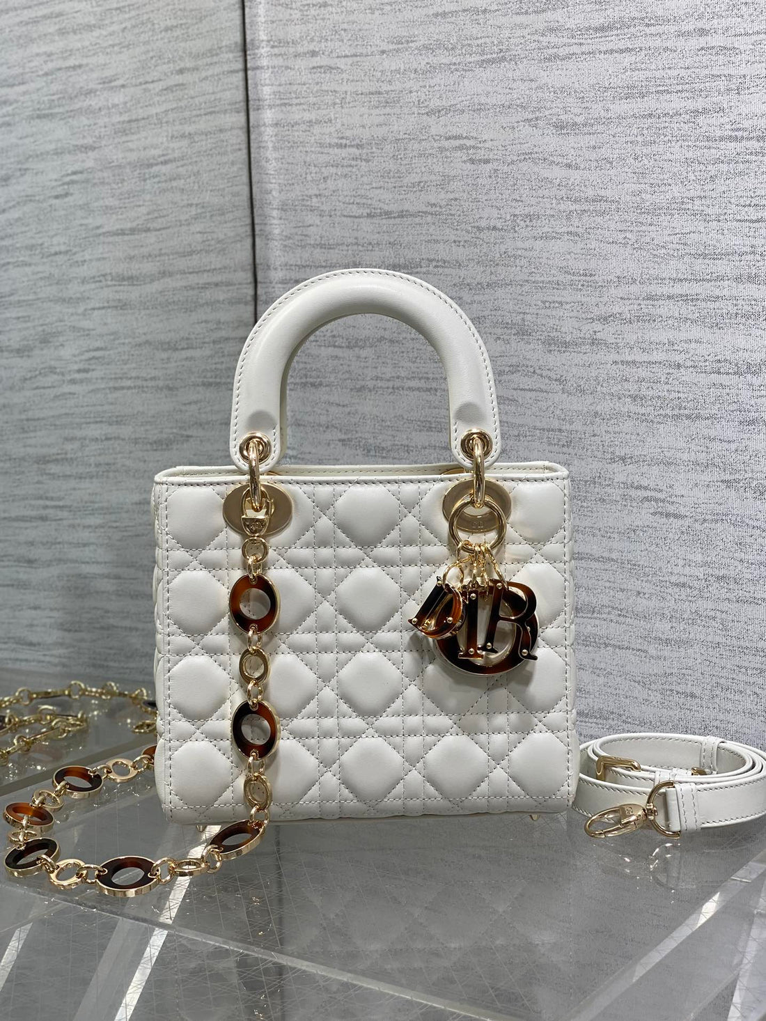 CD Lady Bag 20CM White Lambskin Brown Charm