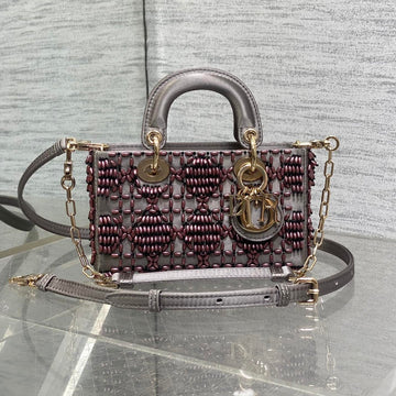 Mini Lady Bag 16 In Wenge Brown Satin And Calfskin With Beaded Design