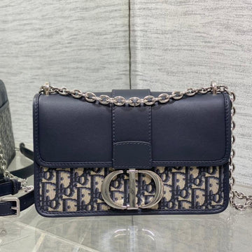 Montaigne East-West 25 Bag With Chain In Navy Blue Lambskin And Monogram Jacquard