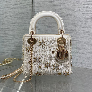 Mini 17 Lady Bag In White Satin Embroidered With Beads