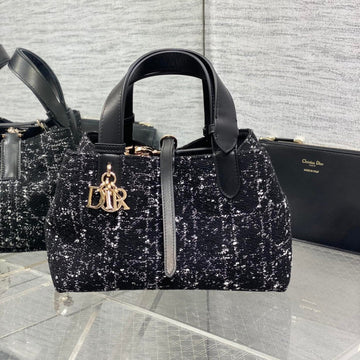 Mini 23 Toujours Bag In Black Mix White Cannage Tweed With Gold Hardware