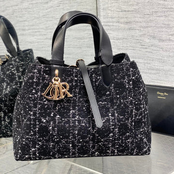 Medium 28 Toujours Bag In Black Mix White Cannage Tweed With Gold Hardware