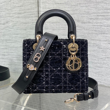Mini 20 Lady Bag In Black Mix White Cannage Tweed With Gold Hardware