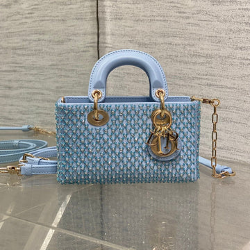 Small 16 Lady D-Joy Bag In Powder Blue Cannage Lambskin With Embroidered Beadwork Beadwork