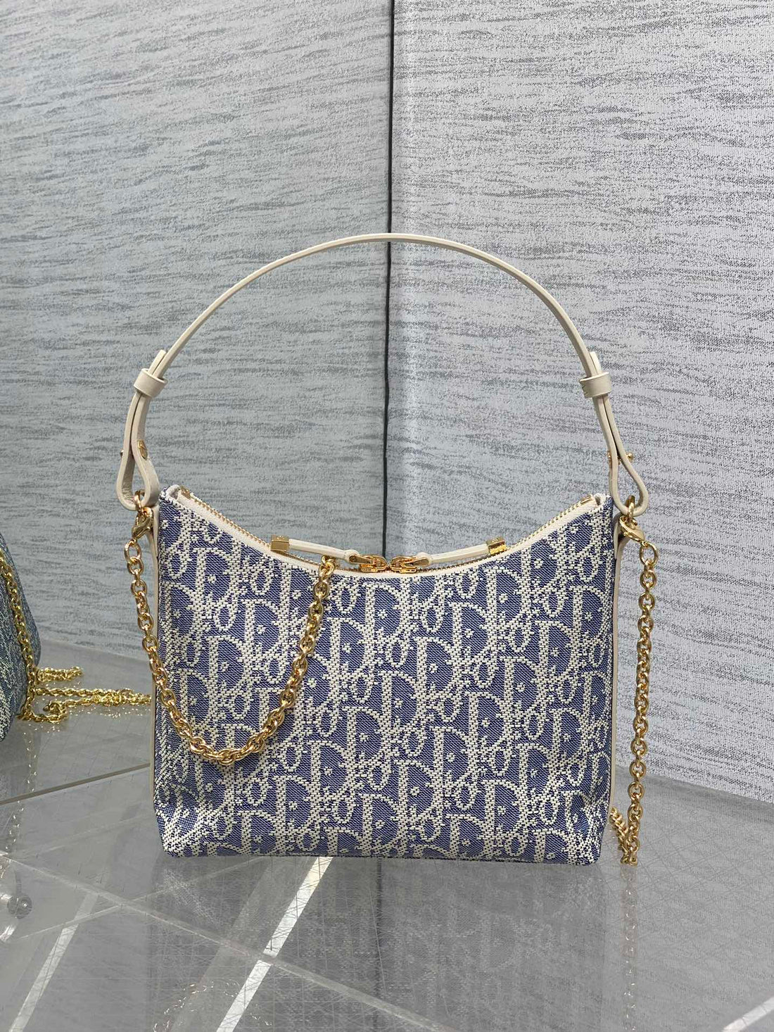Dior 2025 Bag 19CM Blue Mix White Oblique Fabric Mix Leather 272832