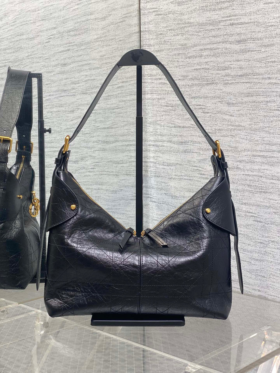 CD Voyage Handbag 28 Black Crinkled Calfskin