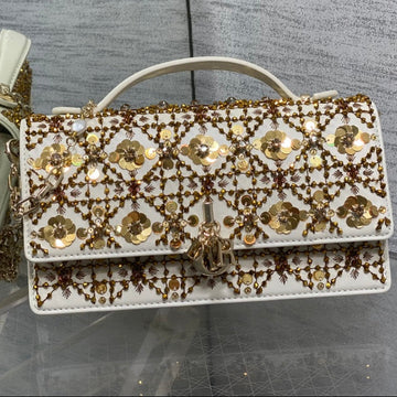 Dior 2025 Microbead Sequin Embroidery Bag 21CM White Gold Calfskin 270503