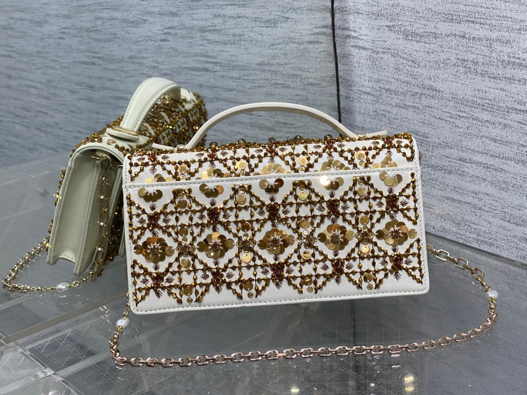 Dior 2025 Microbead Sequin Embroidery Bag 21CM White Gold Calfskin 270503