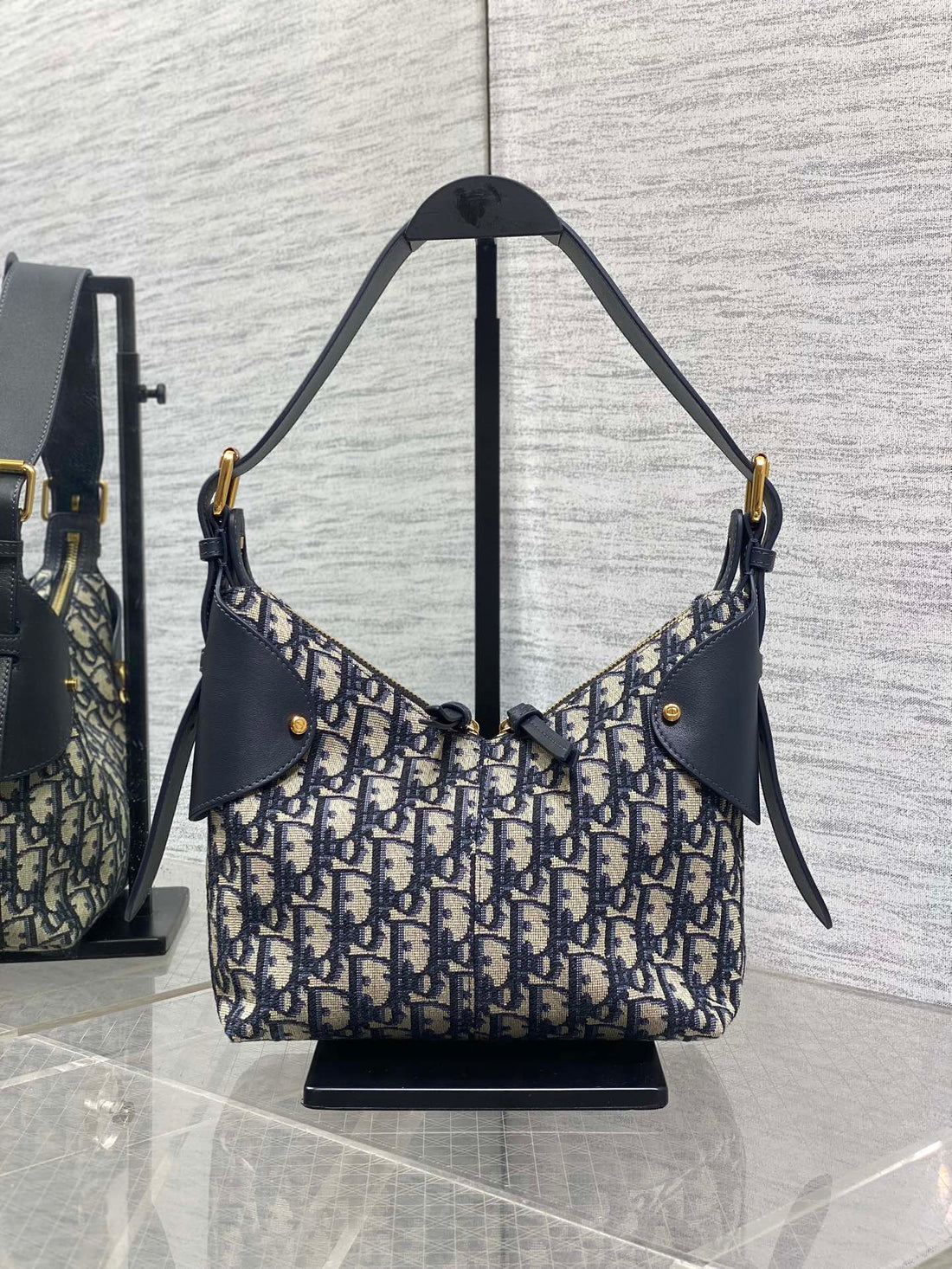 Dior 2025 Voyage Bag 23CM Navy Blue Mix Beige Canvas Leather 270572
