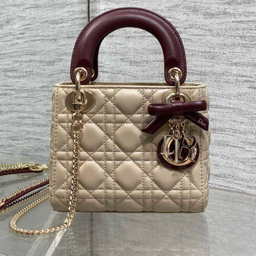CD 2026 Mini Lady Dior Bag Beige Burugndy Lambskin 286583