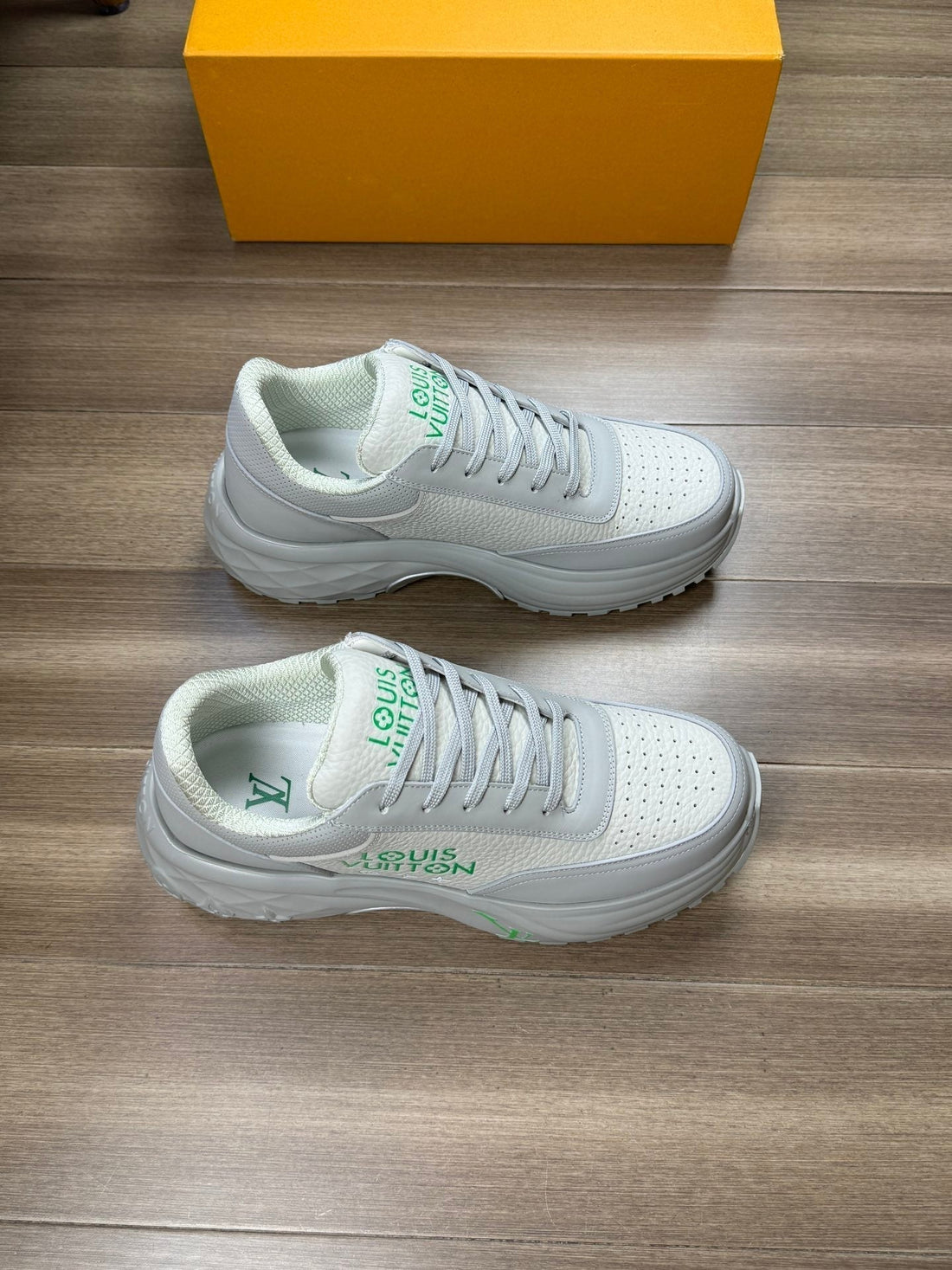 LV Sport Sneaker In White Mix Grey Calfskin With Green Logo