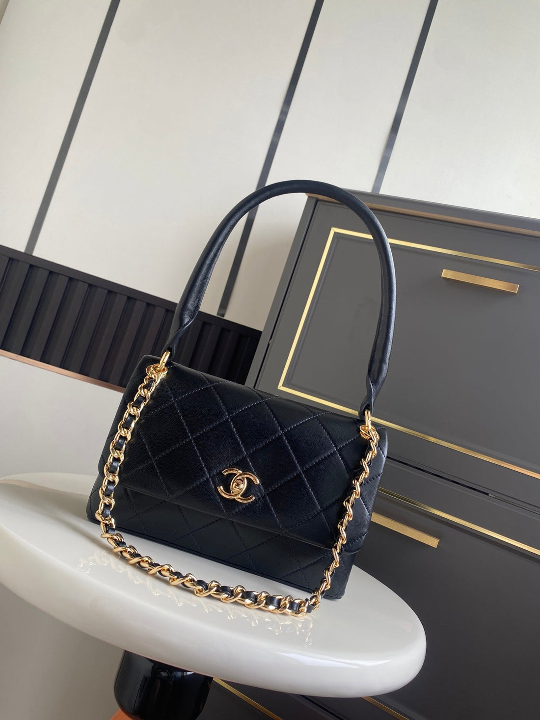 CC 26P AS6112 Flap Bag 25CM Black Quited Lambskin