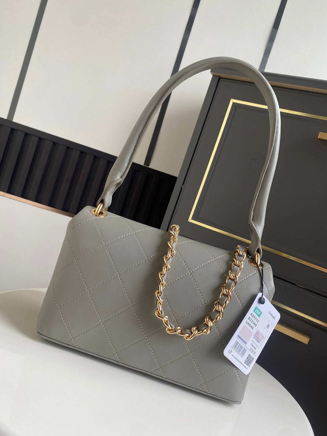 CC 26P AS6112 Flap Bag 25CM Gray Quited Lambskin