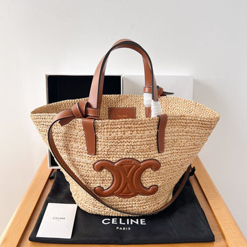 Celine Teen Supple Classic Panier 22CM Brown Calfskin Beige Raffia