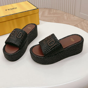 Fendi Signature Wedge Platform 6 Cm In Black Fibre With Brown Embroidered Logo