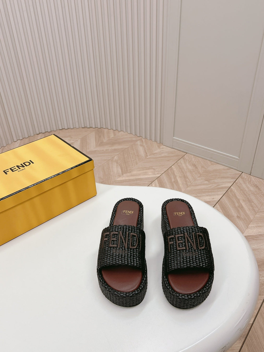 Fendi Signature Wedge Platform 6 Cm In Black Fibre With Brown Embroidered Logo