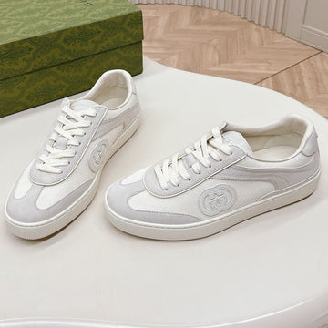 Sneaker With Interlocking G In White Suede And Mesh