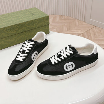 Sneaker With Interlocking G In Black Suede And Mesh
