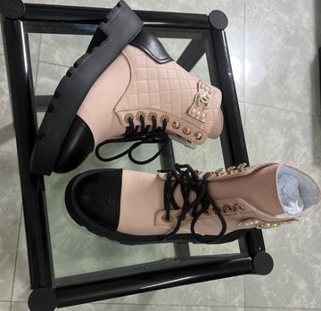 CC Combat Boots Pastel Pink Black Quilted Lambskin 944573