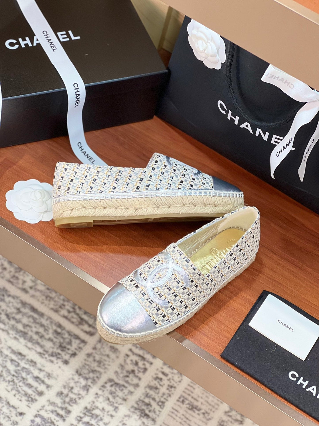 CC Espadrilles Beige Black Woolen Cloth Silver Metalic Lambskin