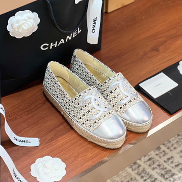CC Espadrilles Beige Black Woolen Cloth Silver Metalic Lambskin
