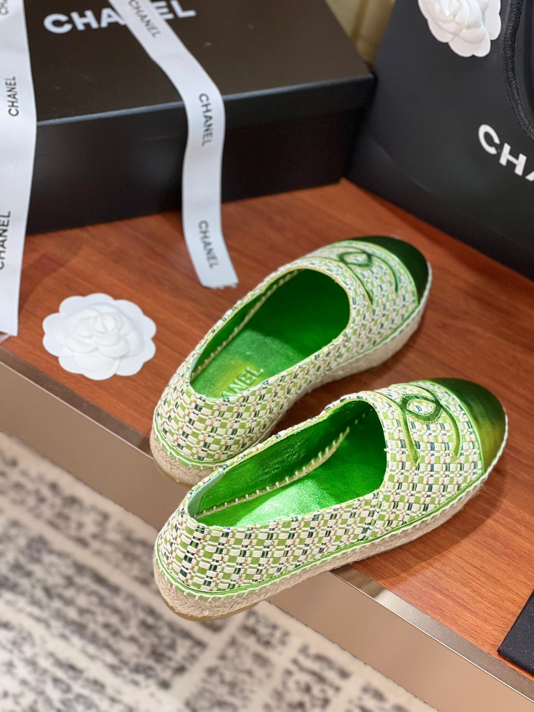 CC Espadrilles Beige Green Woolen Cloth Green Metalic Lambskin