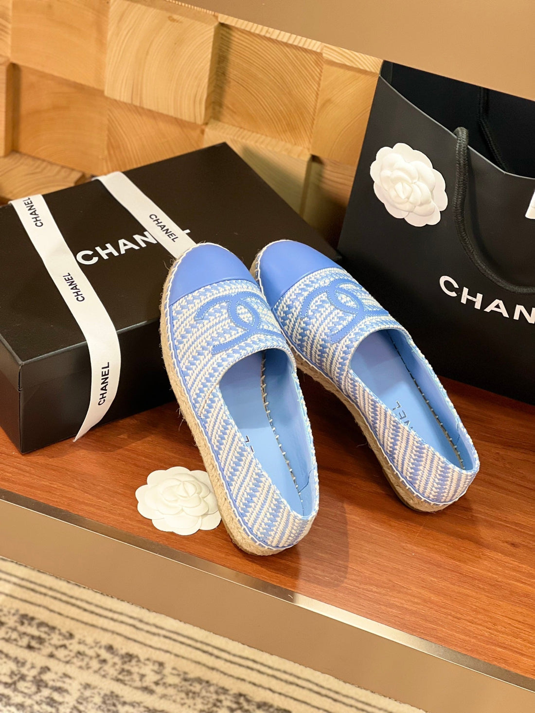CC Espadrilles Beige Cloud Blue Woolen Cloth Cloud Blue Lambskin