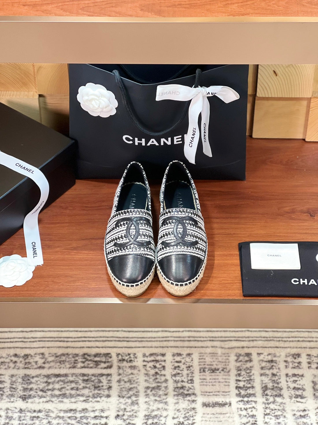 CC Espadrilles Black White Woolen Cloth Black Lambskin