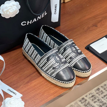 CC Espadrilles Black White Woolen Cloth Black Lambskin