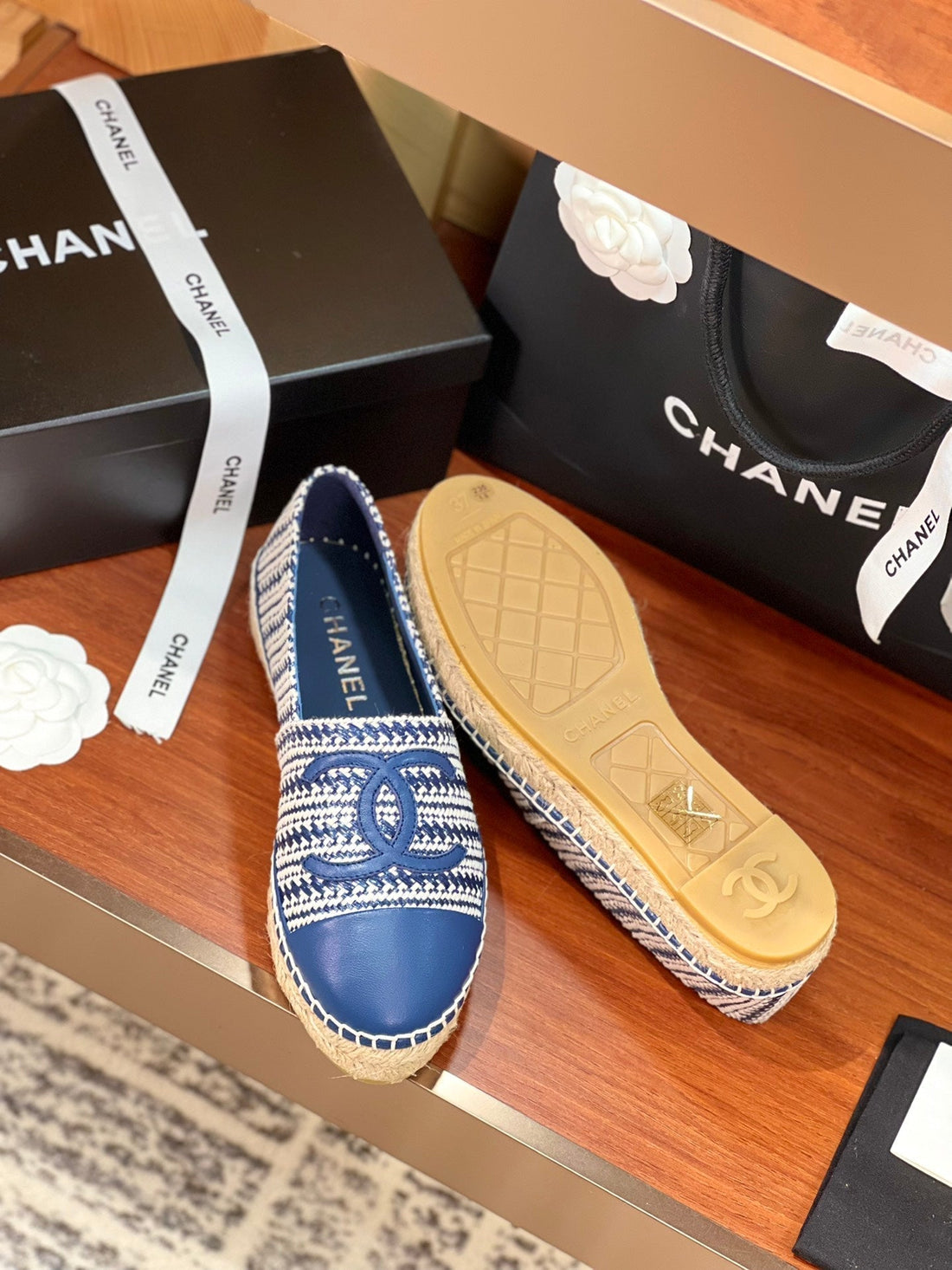 CC Espadrilles White Blue Woolen Cloth Blue Lambskin