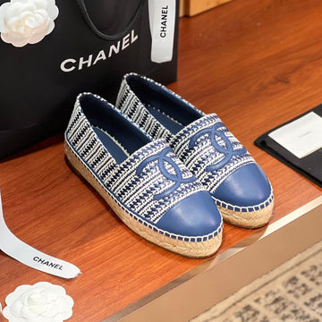 CC Espadrilles White Blue Woolen Cloth Blue Lambskin