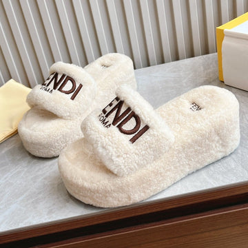 Fendi Slipper In White Fur With Brown Logo