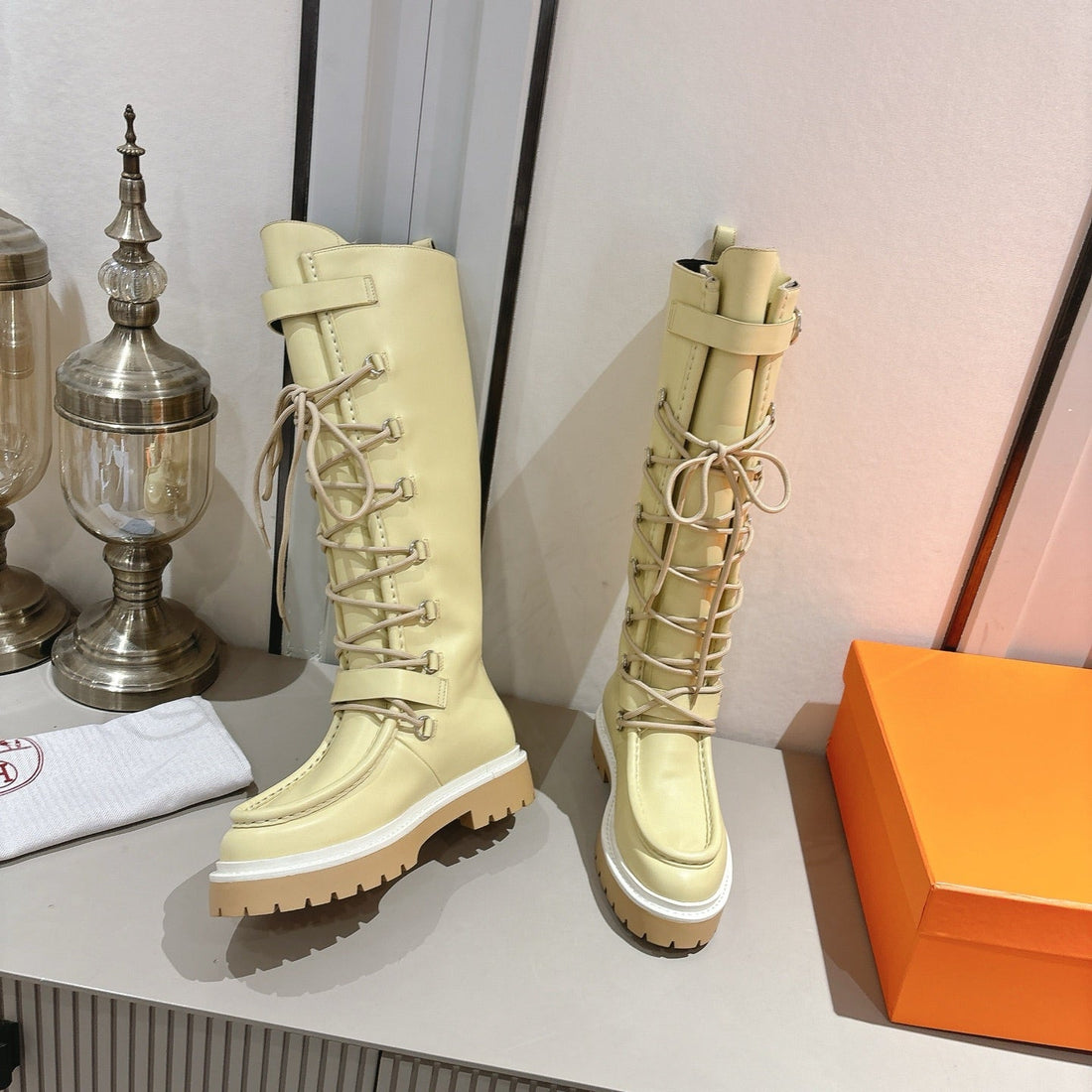Hm Lace Up Boots 25MM Belt Buckle Yellow-Beige Leather 466587