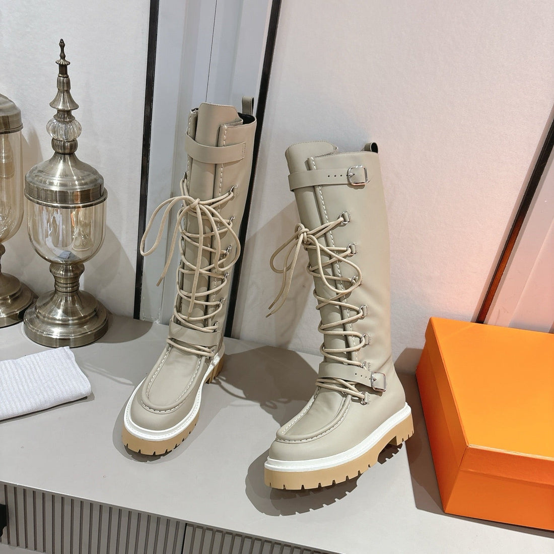 Hm Lace Up Boots 25MM Belt Buckle Pale Khaki Leather 466588