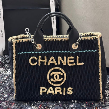 CC Deauville Tote Bag 32CM Beige Black Cotton Crochet Leather Handles
