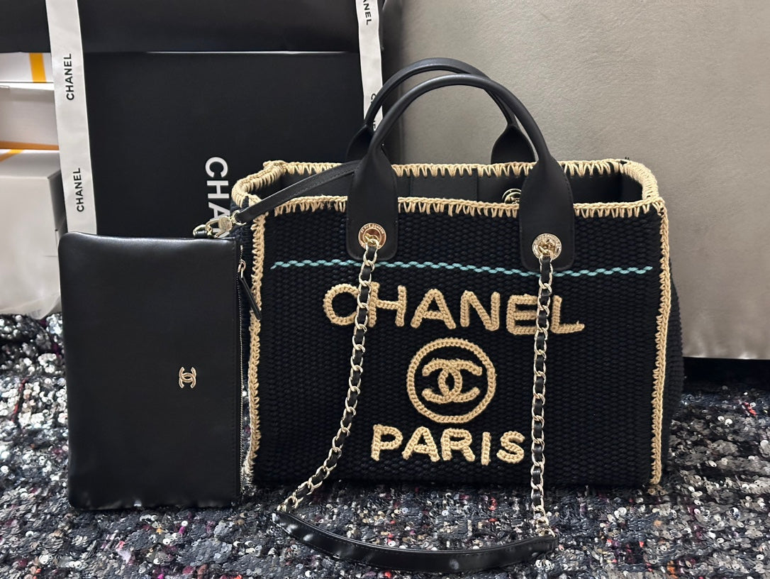 CC Deauville Tote Bag 32CM Beige Black Cotton Crochet Leather Handles