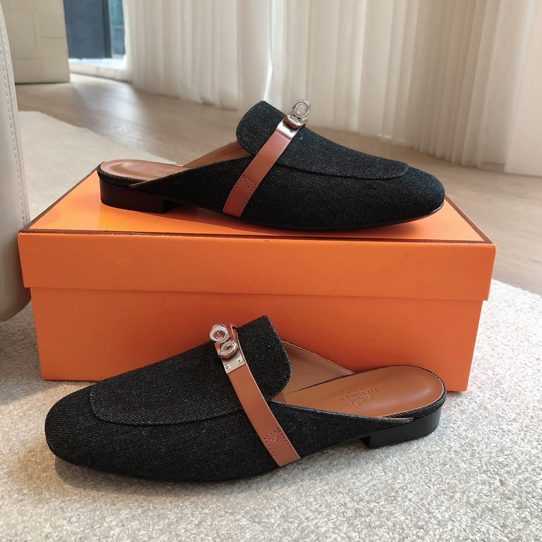 Hm Oz Mule Denim Black Brown Cowhide 756853