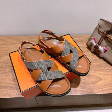 Hm 25 Heracles Sandal Brown Calfskin Dark Grey Canvas