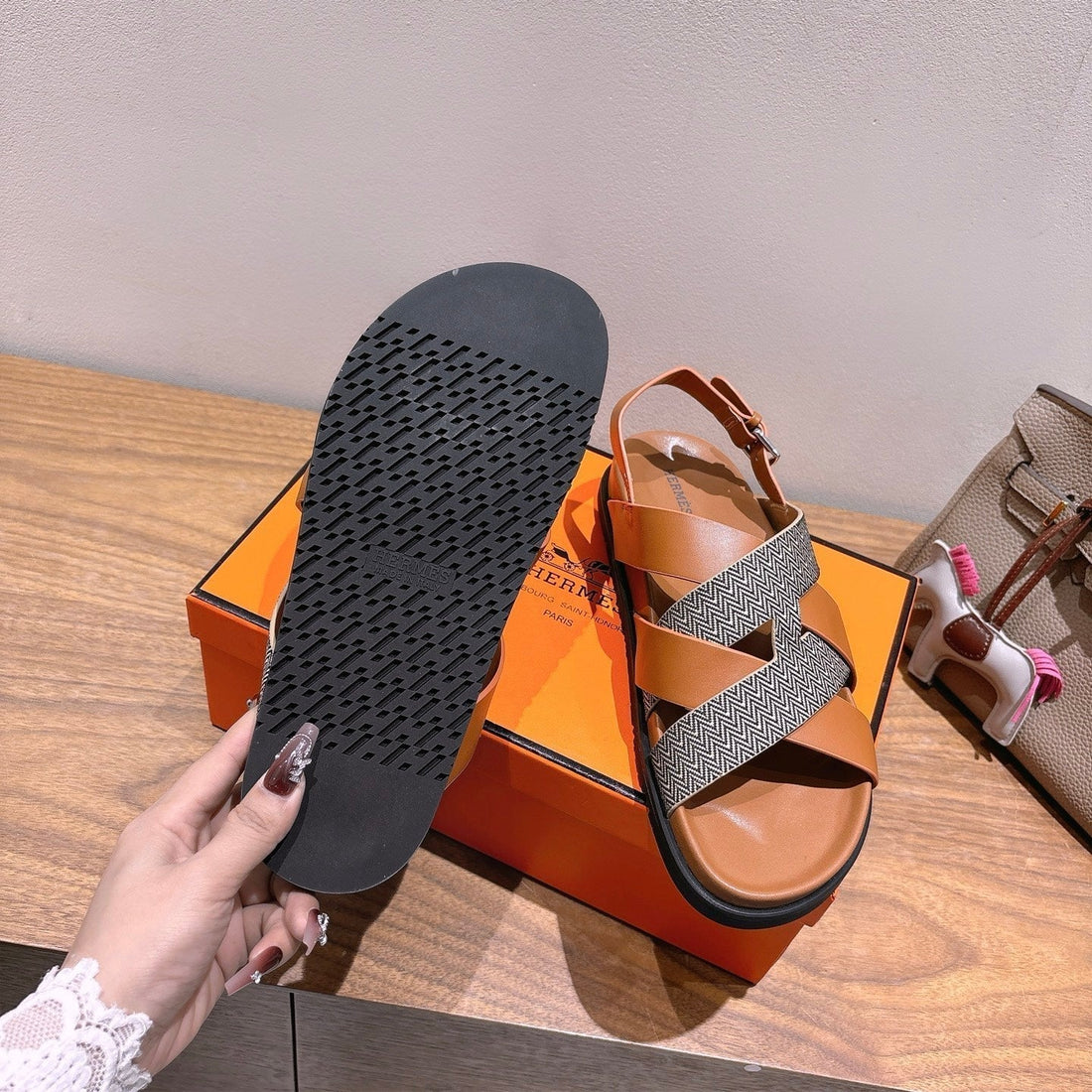 Hm 25 Heracles Sandal Brown Calfskin Dark Grey Canvas