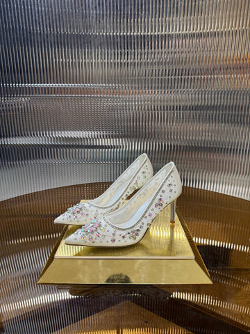 Rc 25C Crystal Pearl Gem Lace High Heels White Sheepskin 275753