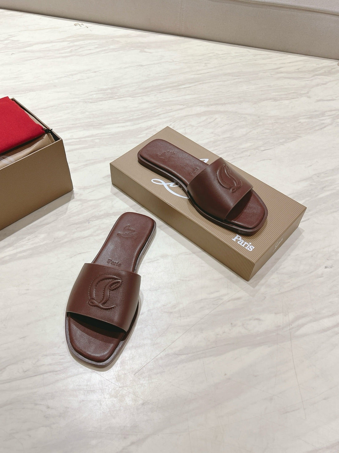 Cl 25 Slippers Dark Brown Top Layer High Gloss Calfskin 307501