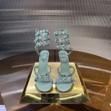 Rc 25C Butterfly Flower Sandals Green Sheepskin Rhinestones 310659