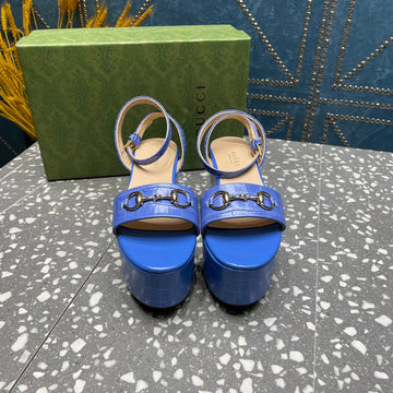 GG Horsebit Flatform Sandal Cobalt Calfskin