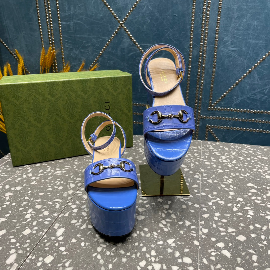 GG Horsebit Flatform Sandal Cobalt Calfskin
