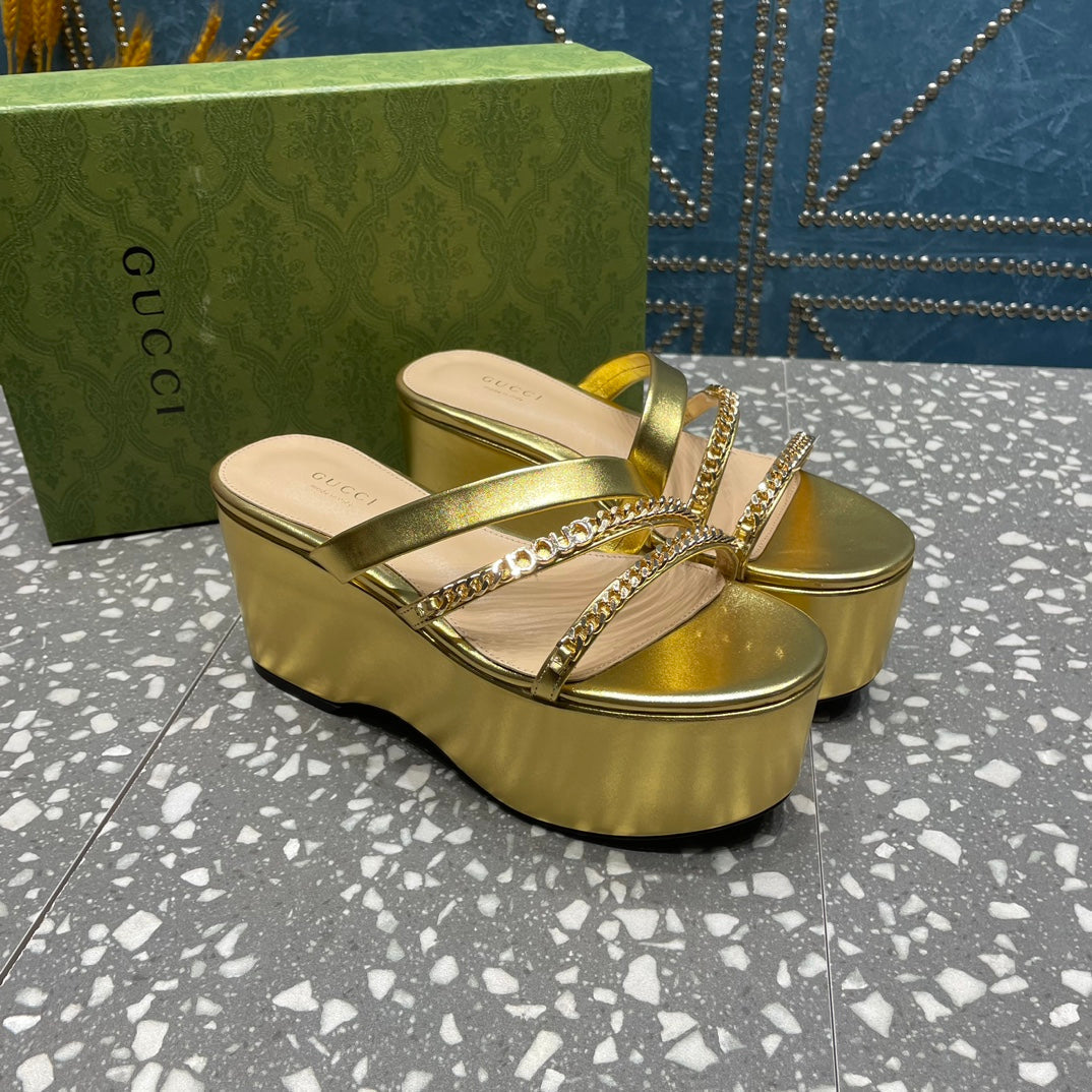 High Wedge Platform In Gold Calfskin With Gold Hardware