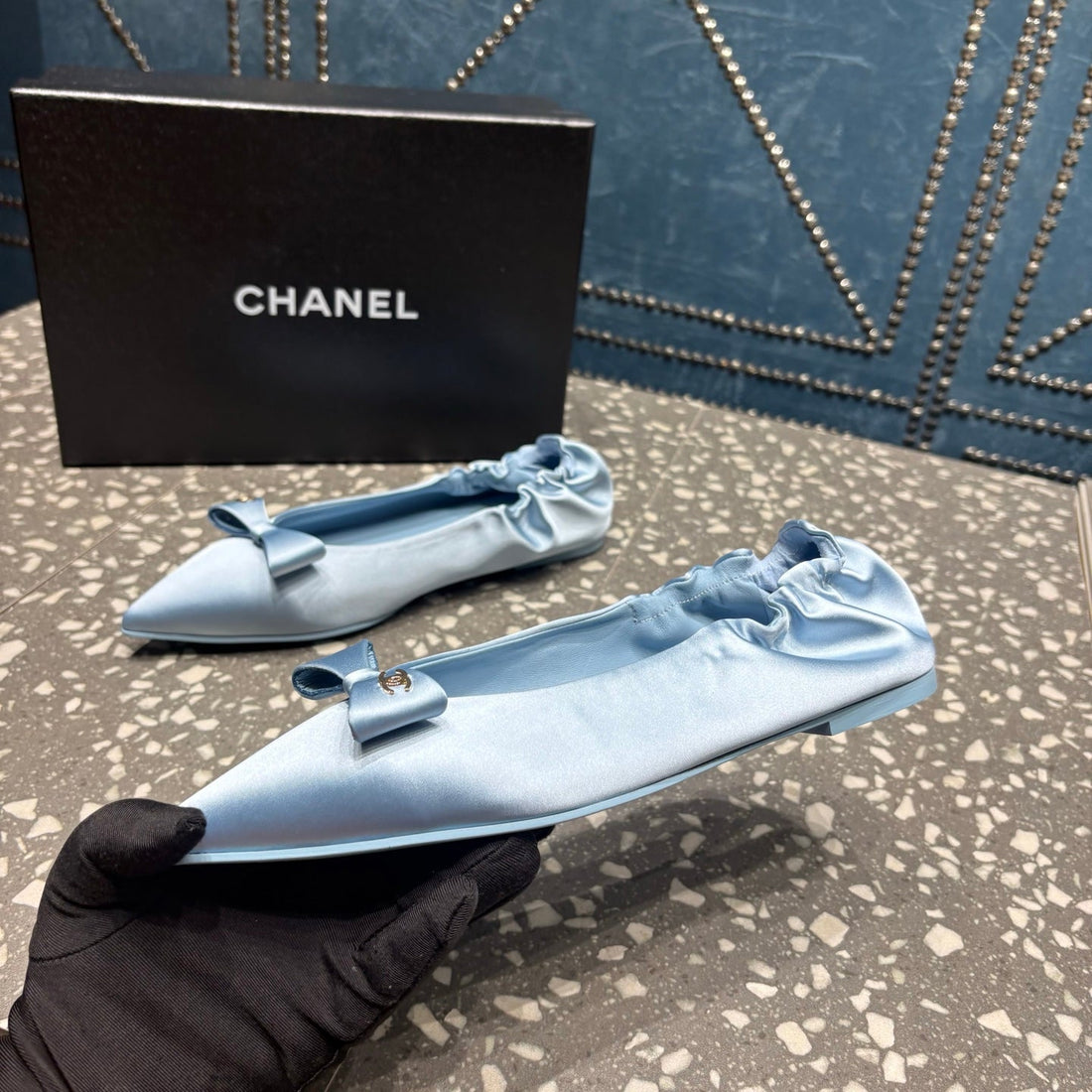 CC 25S Métiers D’art Ballet Flats 10MM Blue Silk Satin 423794