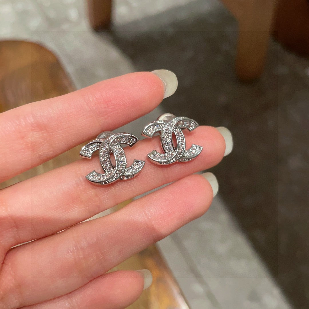 Double C Stud Earrings In Silver Metal Fully Diamond