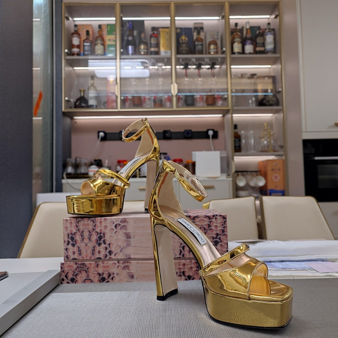 Jimmy 25 Platform Sandal Heels Gold Mirror Tpu Material 240010