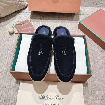 Lp Charms Walk Babouche Loafer Space Blue Suede With Rabbit Fur Lining 206227